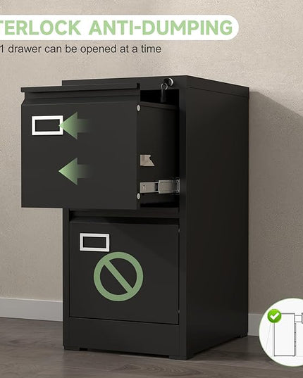 Filing Cabinet,2 Drawer File Cabinet with Lock,Locking File Cabinets for Home Office,Small Filing Cabinet for Letters/Legal/A4,Assembly Required,Black