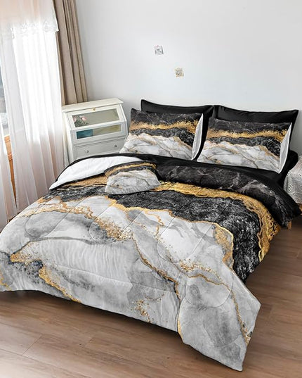 Marble Comforter Set Queen Size Black and Gold Bedding Comforter Set Gold Metallic Duvet Soft Lightweight Down Alternative Comforter Queen Bed in a Bag 8 Pcs Boys Girls Room Decor