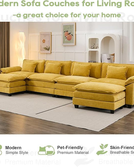 154" Modular Sectional Sofa, Comfy Cloud Couch Sectional Sofa with Ottoman, Chenille Sofa Sleeper Deep Seat Sofa with Throw Pillows for Living Room (Yellow, 154"- U Shape)
