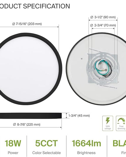 ASD LED 9" Round Flush Mount Ceiling Light Fixture, Low Profile Surface Lighting | 5CCT, Dimmable, Ultra-Thin, ETL Listed | 18W 1660LM 2700-6000K 120V | Kitchen, Bedroom, Hallway Lamp | Black, 12 Pack