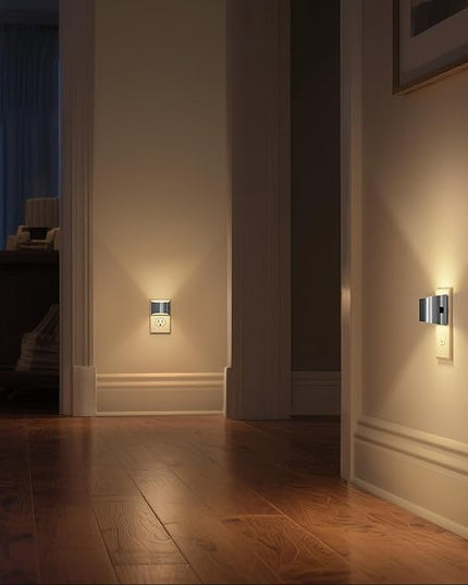 DORESshop LED Night Light[2 Pack], Night Lights Plug into Wall, 3 Level Brightness Adjustable Plug in Night Light, Dusk to Dawn Sensor Nightlights for Adults,Bedroom,Hallway,3000K -Chrome Cover