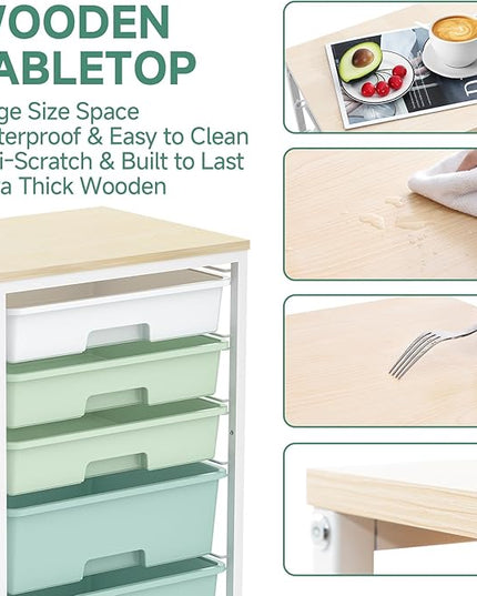 Craft cart,Rolling Cart with Drawers,Storage Cart with 5 Drawers and Wooden Tabletop for Under Desk Organizers and Storage,Green