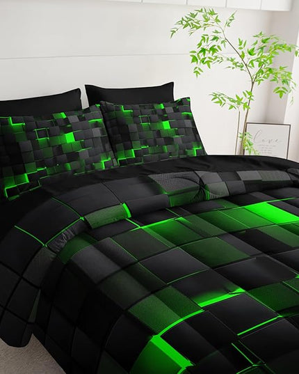 Geometric Green Black Queen Comforter Set,Light Honeycomb Bedding Set 7 Piece in A Bag,Bed Sheet Set Geometry Decor,Microfiber Lightweight All Season
