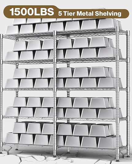 Himimi Storage Shelves-5 Tier Heavy Duty Wire Shelving Unit with Leveling Feet, 1500LBS Adjustable Metal Shelves Organizer for Kitchen Garage Pantry Laundry, 60" W*14" D*72" H, Silver