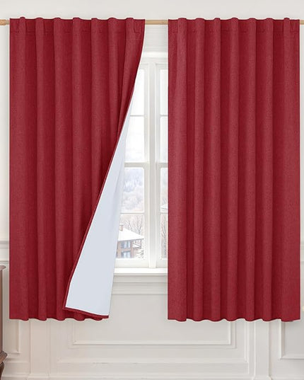 LAMIT 100% Blackout Linen Curtains 63 Inches Long, Linen Textured Living Room Christmas Panels Curtains Full Room Darkening Back Tab and Rod Pocket Drapes with White Liner, 2 Panels, Red, 60 x 63 Inch