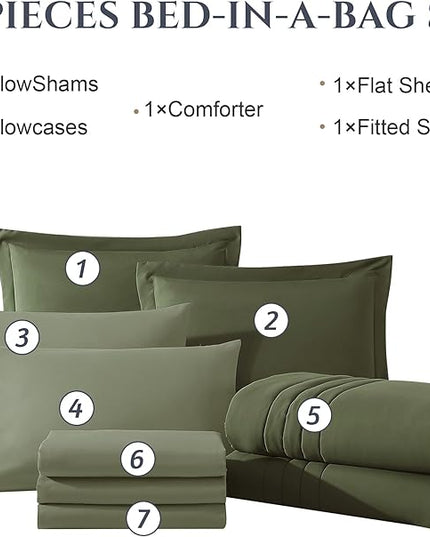 Monbix King Size Comforter Set - 7 Pieces Bed in a Bag King, Olive Green Bedding Sets with Comforter, All Seasons Down Alternative Comforter Bed Set with Sheets, Pillowcases & Shams