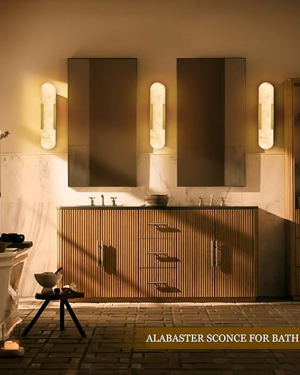 Alabaster Wall Sconce, 20" Natural Marble Wall Sconce, Brass Alabaster Sconces Set of Two, Indoor Modern Bathroom Sconces Wall Lighting for Living Room, Bedroom, Hallway, Stairs