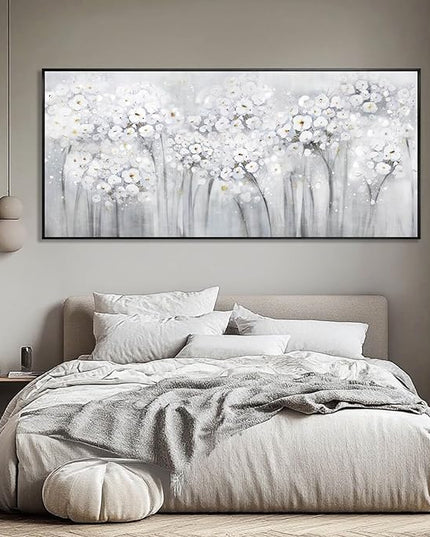 Flower Wood Wall Decor White Wall Art Textured Canvas Painting 32"x70" Decorative Pictures for Bedroom Kitchen Large Artwork