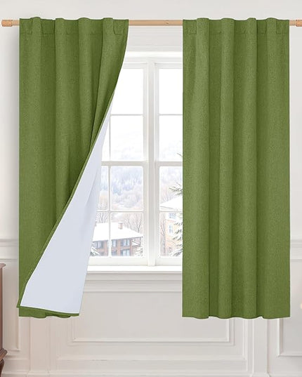 LAMIT Olive Green 100% Blackout Linen Curtains, 63 Inches Linen Textured Thermal Bedroom Drapes Back Tab and Rod Pocket Christmas Panels with White Liner for Living Room, 2 Panels, 38 x 63 Inch