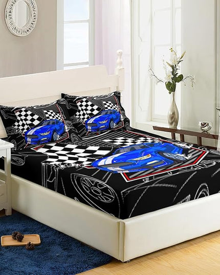AILONEN Blue Racing Car Fitted Sheet Twin Size, Speed Sports Car Bed Sheet Set for Kids Boys Teens,Extreme Sport Bedding Sheets 3PCS,1 Fitted Sheet and 2 Pillowcase