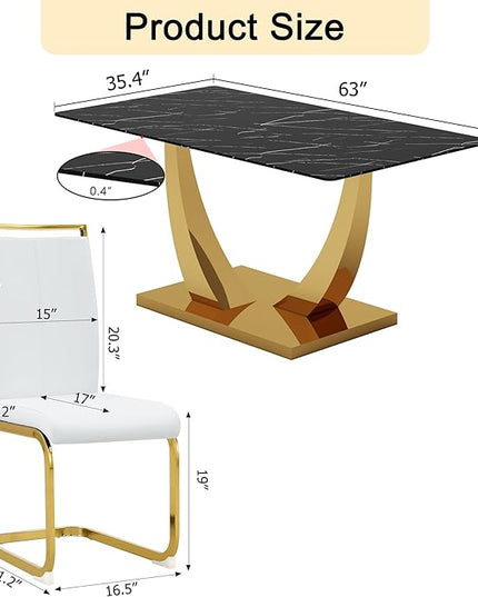 63” Dining Room Table Set for 4,Modern Gold Dining Table Set for 4 with PU Leather Chairs,Black Faux Marble Dinner Table Set with Tempered Glass Top and Golden Base