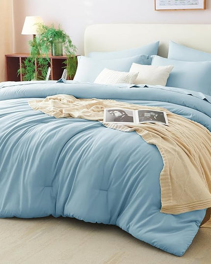 CozyLux Full Size Comforter Set Light Blue, 7 Pieces Bed in a Bag Full Comforter Set with Sheets, Bedding Set with Down Alternative Comforter, Fitted Sheet, Flat Sheet, Pillow Shams and Pillowcases