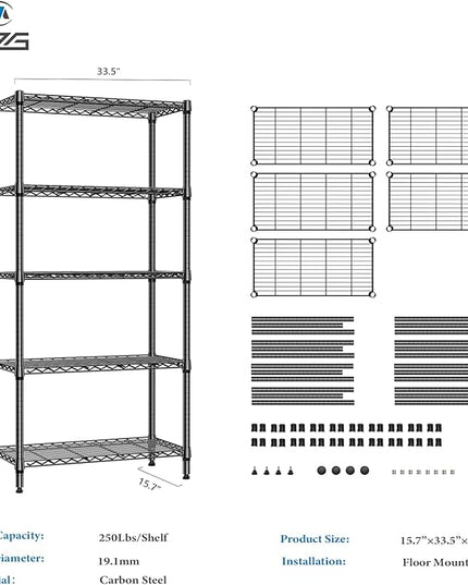 1250 lbs 5 Tier Shelf Metal Storage Shelves Shelving Wire Rack Heavy Duty Closet Organizers for Garage Kitchen Bathroom Laundry Black 15.7" D x 33.5" W x 68.5" H
