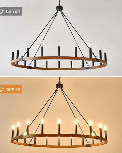HHR 48 Inch Wood Wagon Wheel Chandelier 20-Light, Large Chandeliers for High Ceilings, Farmhouse Chandeliers for Dining Room, Foyer, Living Room, Entryway, Kitchen Island, E12