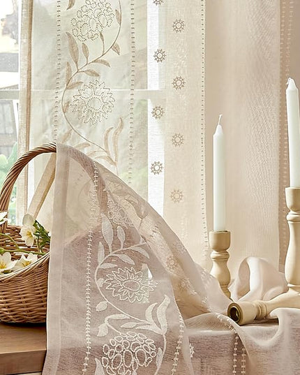 jinchan Winslow Sheer Curtains 63 Inch Length for Dorm Bedroom Bordered Floral Pattern Decorations Short Curtains Light Filtering Window Treatments, 50W x 63L, Ivory on Beige, 2 Panels