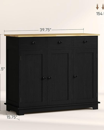 HOMCOM Sideboard with Solid Wood Countertop, Modern Kitchen Storage Cabinet, Coffee Bar Cabinet with 3 Drawers, Doors and Adjustable Shelf, Distressed Black