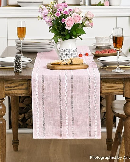Artoid Mode Pink Rustic Cotton Linen Table Runner, Seasonal Embroidered Hollow Kitchen Dining Table Decoration for Home Party Decor 13x108 Inch