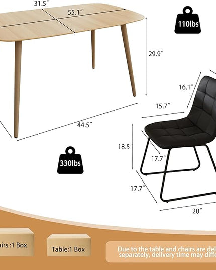 55 Inch Modern Wood Dining Table Set for 4 with Black Leather Chairs - Kitchen & Dining Room Furniture, Gray Table & 4 Seater Chairs Set (55.1")