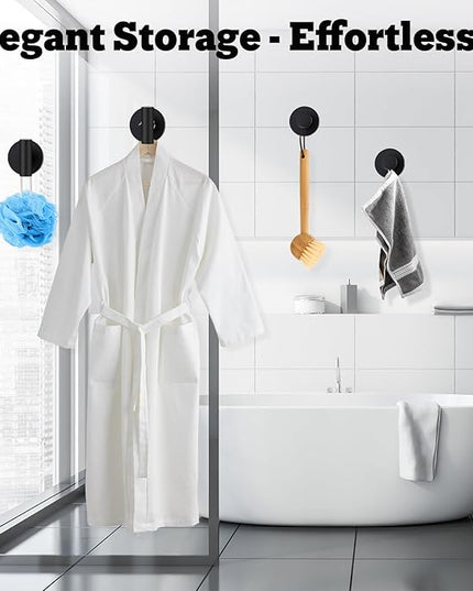 4 Pack Suction Cup Hooks for Shower - Stainless Steel Towel Hooks for Bathroom, Removable Shower Hooks for Bathroom Mirror Window Glass Wall Robe Looafh, Waterproof, Black