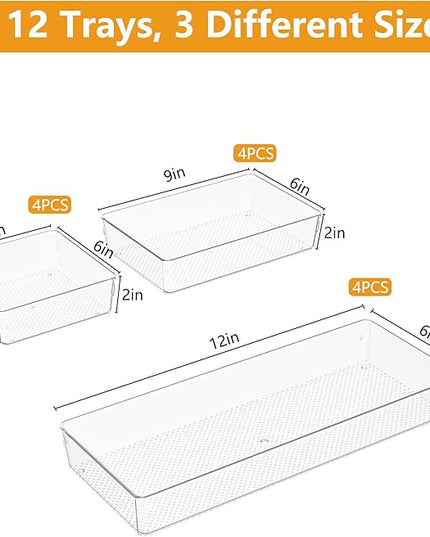 Clear Plastic Drawer Organizer Set for Kitchen, Bathroom, Office, Cosmetics & Tools - Multifunctional Storage Trays with Adjustable Dividers, Space-Saving Transparent Design (Clear, 12 Pcs)