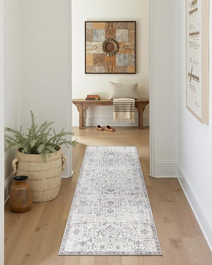 jinchan Kalen Runner Rug 2x5 Washable Hallway Rug Vintage Indoor Thin Retro Floor Cover Distressed Gray Floral Country Lightweight Non Slip Carpet for Entryway Bathroom Bedroom Living Room Grey