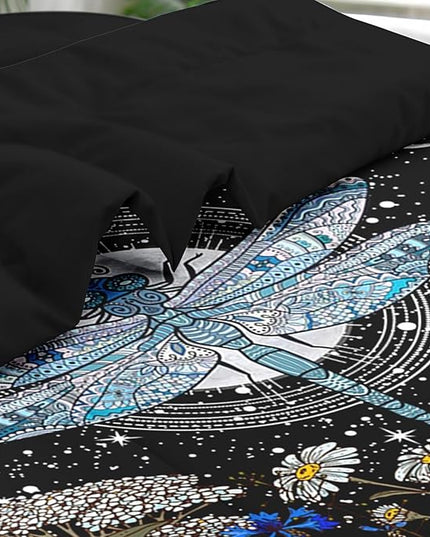 Comforter Set King Size, Dragonfly Flower Plant Bedding for Kids and Adults, Sun Moon Vintage Black Gold Bed Sheet Sets with Fitted Sheet 2 Pillowcases & 2 Shams for Bedroom Bed Decor