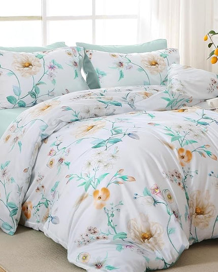 MUXHOMO Green Branch Bed in a Bag Queen 7 Pieces, Queen Comforter Set Reversible Botanical Flowers Design, Ultra Soft & Breathable Bedding Sets with Comforter, Sheets, Pillowcases & Shams