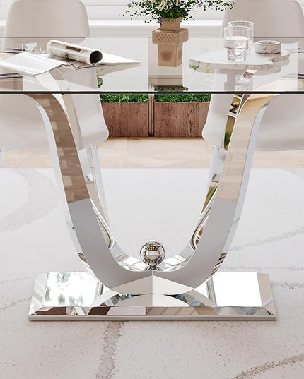 70'' Glass Dining Table for 6 or 8, 0.39" Tempered Glass Tabletop and Silver U Stainless Steel Base, Large Dining Room Table for 6, Home Kitchen Table for Dining Room, Modern Dining Table for 8