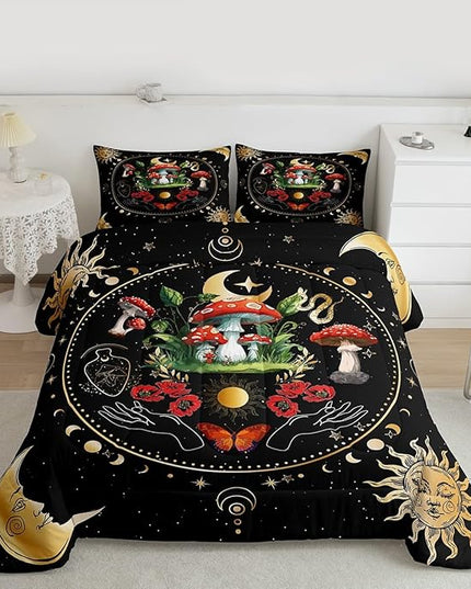 Mushroom Kids Comforter Set Queen Size,Sun Moon Starry Sky Galaxy Romantic Bedding Set,Girls Boys Adults Bedroom Decor,Butterfly Snake Boho Trippy Down Comforter,Colorful Duvet Insert,2 Pillowcases