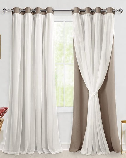 Hiasan Blackout Curtains with Sheer Overlay, Mix & Match Double Layer Thermal Insulated Privacy Grommet Window Curtains for Bedroom, Living Room, 2 Drape Panels with Tiebacks, Camel, 52W X 108L