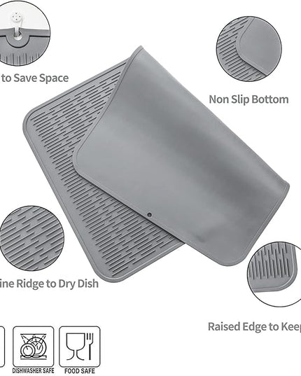 Silicone Dish Drying Mat for Multiple Usage,Easy clean,Eco-friendly,Heat-resistant Silicone Mat for Kitchen Counter or Sink,Refrigerator or Drawer Liner Grey 3XL 28 inches x 18 inches