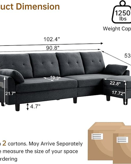 Convertible Sectional Sofa,Modern 4-Seat L Shaped Couch with Storage Ottoman,Linen Fabric Sofa Set for Living Room, Dark Gray