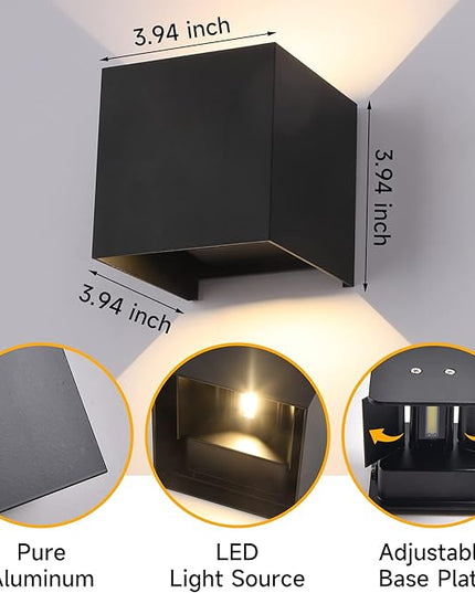 4-Pack LED Outdoor Wall Mount Lights Exterior/Interior, Square Modern Wall Sconce Fixture Set, Up and Down Lights IP65 Outdoor Waterproof Lights, 12W Warm Light 3000K Light Sconce (Matte Black)