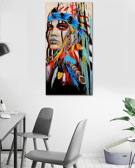 Canvas Wall Art Native American Indian Beauty Large Modern Canvas Artwork Girl with Colorful Feathers Contemporary Canvas Picture Bedroom Living Room Hallway Home Office Kitchen Wall Decor 40" x 20"
