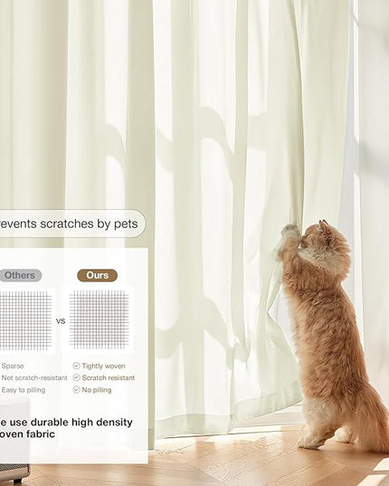Anmao Non-See-Through Cream Privacy Semi Sheer Curtains for Living Room 45 Inch Length 2 Panels Set, Light Filtering That Let Light in Rod Pocket Window Drapes for Bedroom, 52W x 45L, Beige Yellow