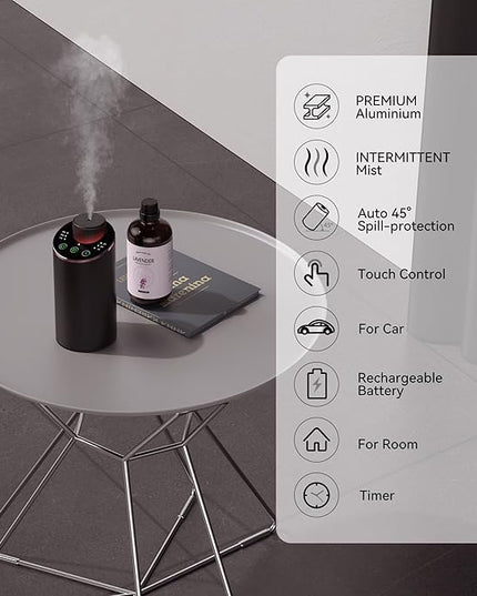 Waterless Essential Oil Diffuser Aromatherapy Scent Diffusers for Home Large Room, Bedroom, Car, Office, Desk, Battery Operated Mini Portable Air Freshener, 3 Countdown Timers & 3 Mist Levels