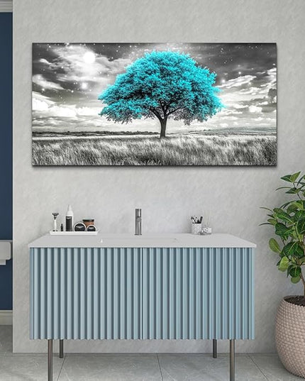 KELIYUAN Modern Canvas Print Wall Art Blue Tree Painting Full Of Stars Black And White Art pictures Natural Landscape Wall Decoration Suitable For Living Room Bedroom Office Framed Stretch 20x40 In