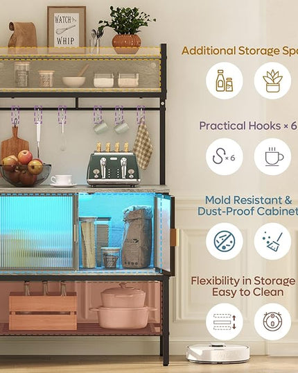 Bestier Coffee Bar with Storage, 5 Tier Microwave Stand with LED Lights, Kitchen Bakers Rack with Cabinet, Heavy Duty Storage Shelves for Kitchen Garage Pantry(Retro Grey Oak Light)
