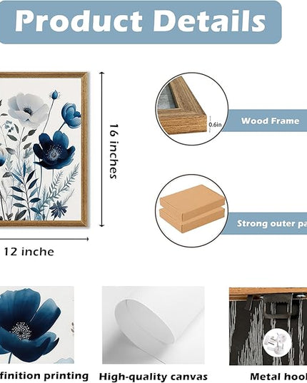 DUWQU 3 Pcs Blue Floral Canvas Wall Art, Wood Framed Navy Blue Wildflower Lily Daisy Art Wall Decor, Watercolor Botanical Flower Home Poster Art Prints for Living Room Bedroom Bathroom 12×16 Inches