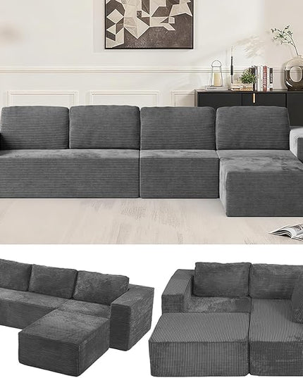 136" Modular Sectional Sofa with L-Shape Chaise, Right/Left Facing Deep Seat Cloud Couch, No Assembly Required, Upholstered Couch for Living Room Bedroom (Deep Grey, Plush Corduroy Fabric)
