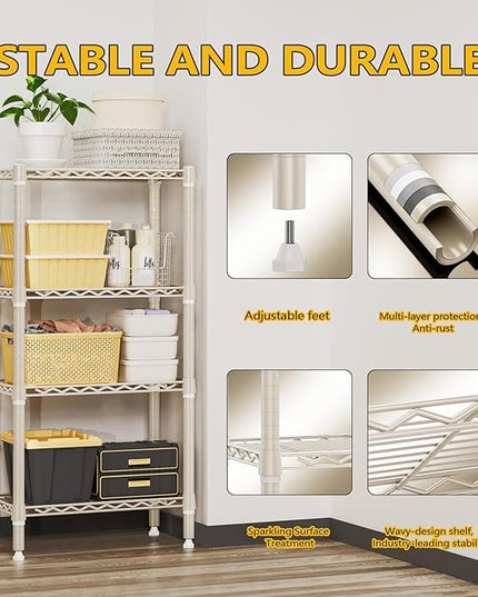 1000 lbs 4-Shelf Standing Storage Shelves Heavy Duty Metal Shelving Unit Adjustable Wire Rack for Office Garage Kitchen, Light Tan 11.8 D x 23.6" W x 47.5" H