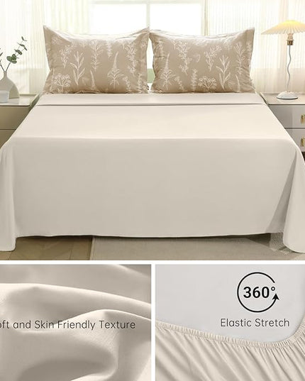 MUXHOMO Taupe Bed in a Bag King 7 Pieces, King Comforter Set Reversible Botanical Flowers Design, Ultra Soft & Breathable Bedding Sets with Comforter, Sheets, Pillowcases & Shams