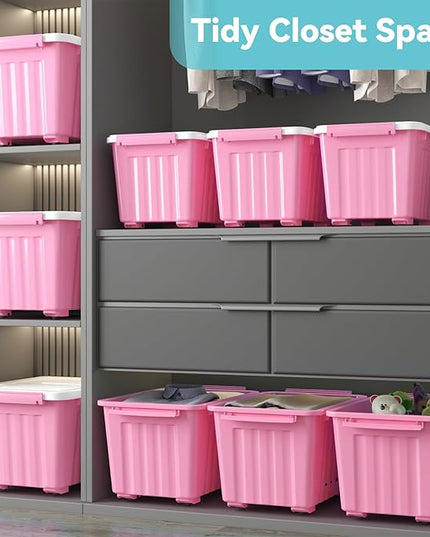 Nazhura Plastic Storage Bin, Stackable and Nestable Storage Boxes with White Lids and Secure Latching Buckles, Large Storage Container (Pink/White, 72Quart-6Pack)