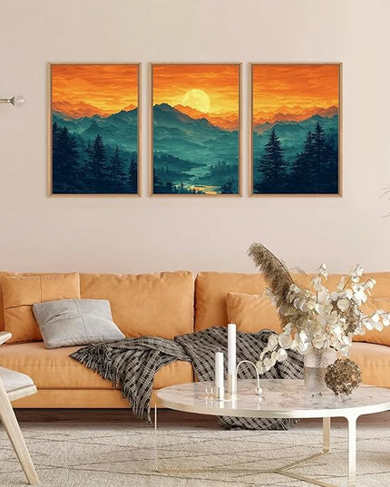 HOURIA Large Sunrise Mountain Forest Landscape Framed Canvas Wall Art Set,Orange Sky Green Ridge Wall Decor,Nature Pine Tree Artwork,Boho Watercolor Art Print for Living Room, Bedroom- 16"x24"x3