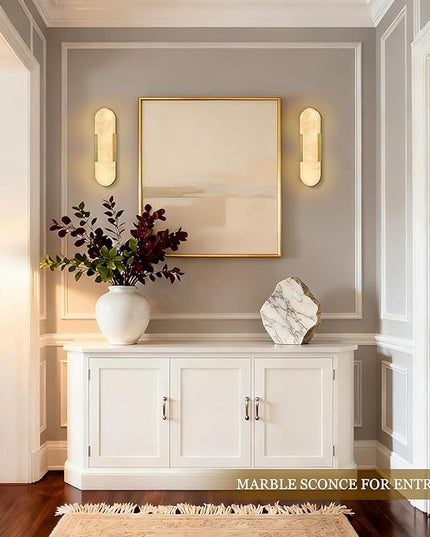 Alabaster Wall Sconce, 13.8" Natural Marble Wall Sconce, Brass Alabaster Sconces Set of Two, Indoor Modern Bathroom Sconces Wall Lighting for Living Room, Bedroom, Hallway, Stairs