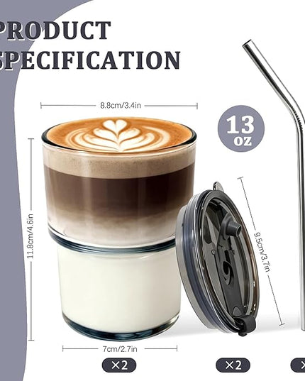 2 Packs Glass Tumbler with Lid and Straw 13 oz Cute Ice Coffee Cup Set Bulk Vasos de Vidrio Con Tazas Para Cafe Cocina Accesorios Home Bar Accessories New House Warming Gift Kitchen Stuff