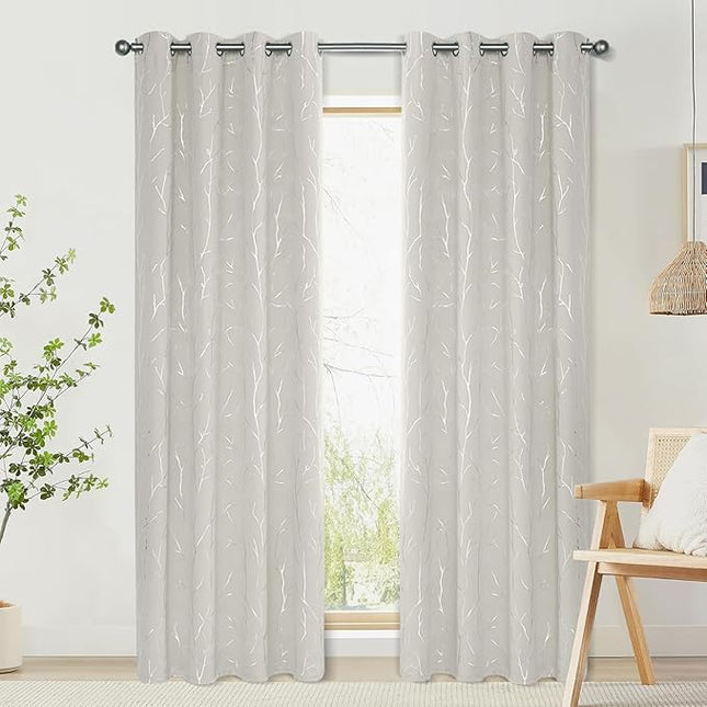 BUHUA White Black Out Curtains 63 Inch Long 2 Panels, Soundproof Curtains with Elegant Silver Tree Branches Print, Heat Blocking Curtains for Livingroom, 52W x 63L, Natural