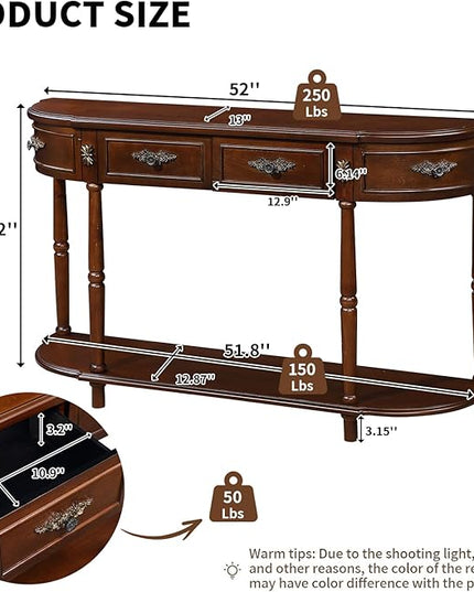 HMFULE Retro Curved Console Table, 52" Half Moon Console Table Sofa Table Entryway Table with 2 Drawers 1 Open Shelf Solid Pine Legs for Living Room,Entryway,Hallway,Cherry