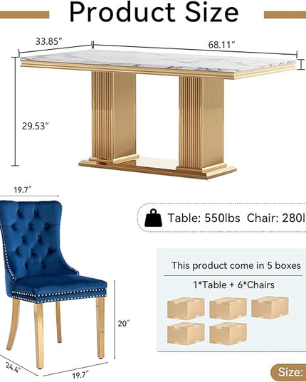 HomVent 68.11'' Faux Marble Dining Table Set for 6, Modern Rectangle Kitchen Table with Stainless Steel Base (White Table with 6 Blue Chairs, 7 Pieces)