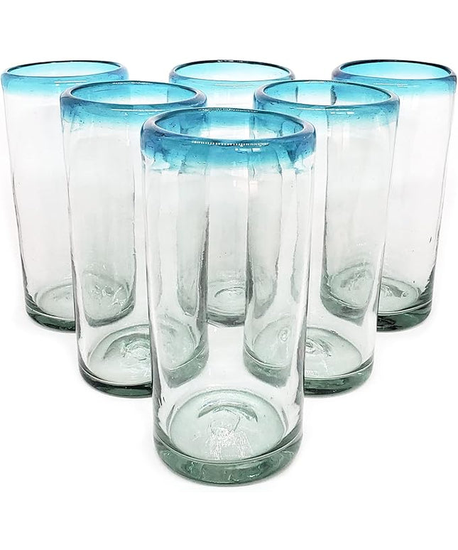 Aqua Blue Rim 20 oz Tall Iced Tea Glasses (set of 6) Mexican Handmade Glassware, Recycled Glass, Lead-free, Toxin-Free (Tall Iced Tea)